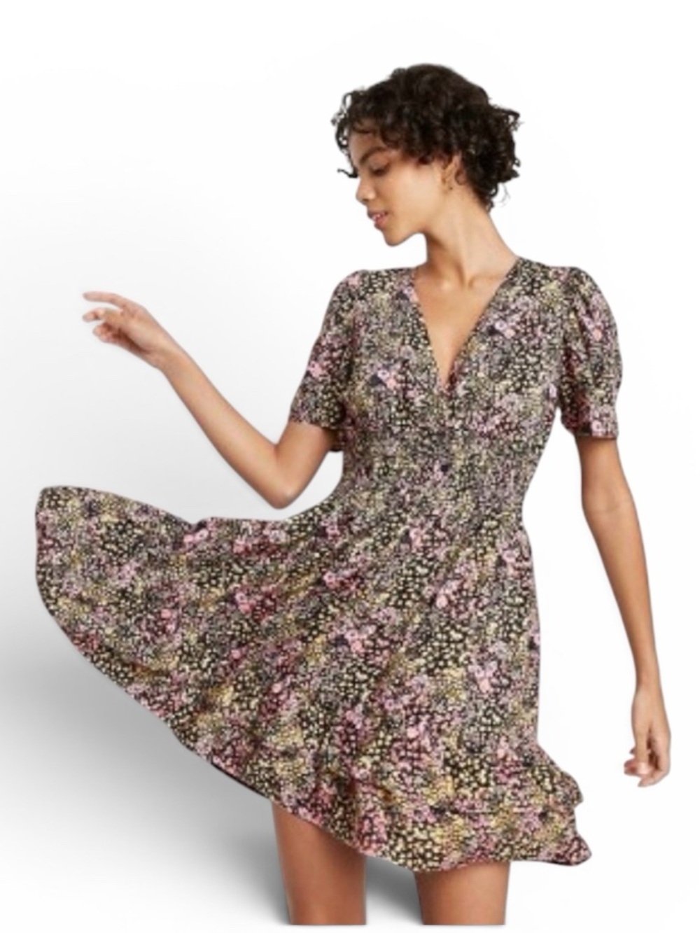 Wild Fable Black and Pink Women’s Dark Florals Mini Dress with Ruffled Skirt, M